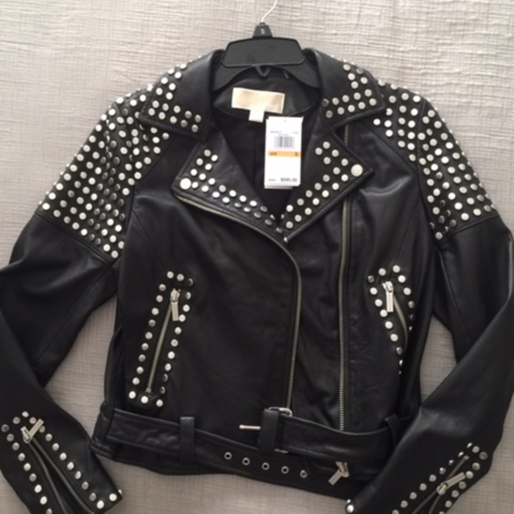 Michael Kors Studded Black Leather Moto Jacket